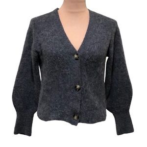 Quince Cardigan Sweater Large Gray Ribbed Merino Wool Baby Alpaca Puff Sleeve